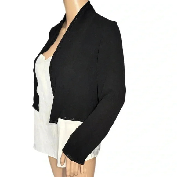 EILEEN FISHER 100% Silk Open Front Sheer Blouse Black Sequin Trim Elegant Crop - Picture 3 of 13